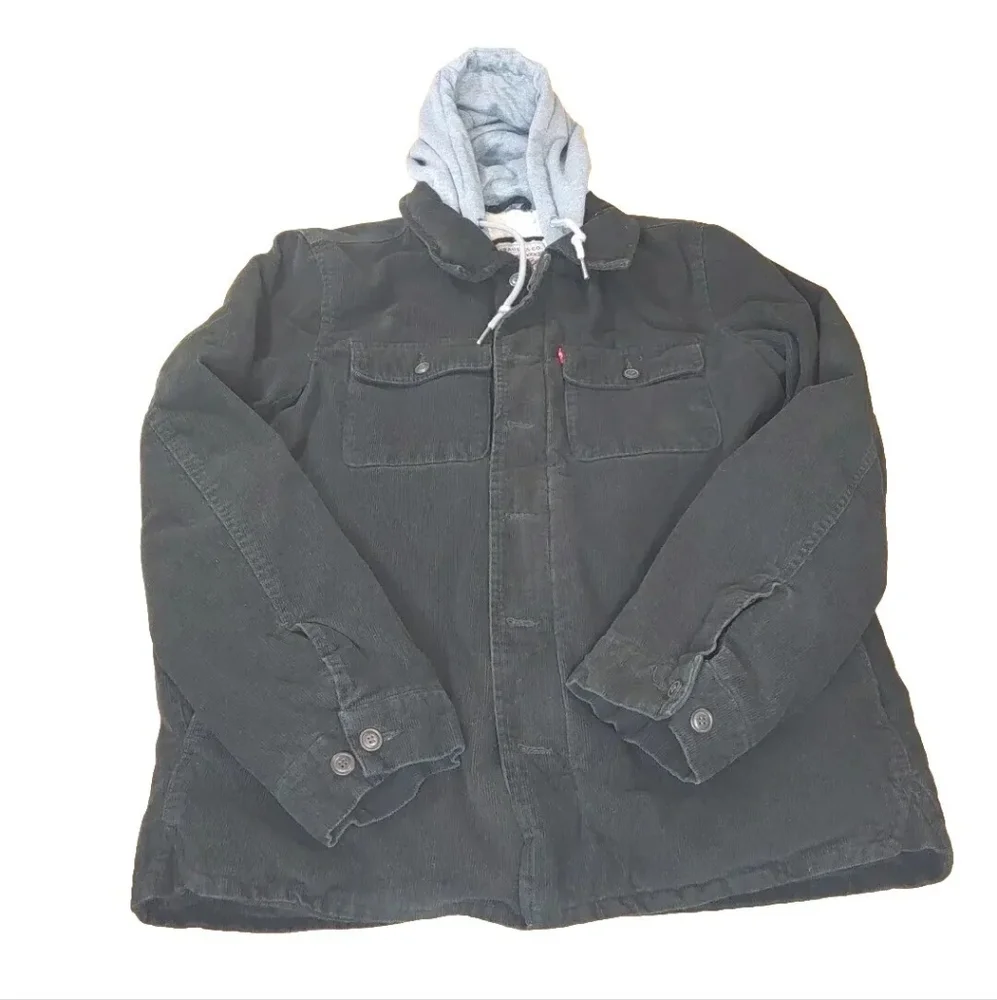 Levi's Sherpa Corduroy Jacket Coat Hipster Preppy Black Hood Button Adult Small - Picture 3 of 13